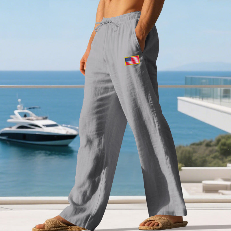 Herren Maritime Relaxed‑Fit Leinenoptik-Freizeithose mit Tunnelzug & Flaggen-Patch EB
