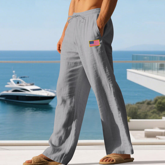 Herren Maritime Relaxed‑Fit Leinenoptik-Freizeithose mit Tunnelzug & Flaggen-Patch EB