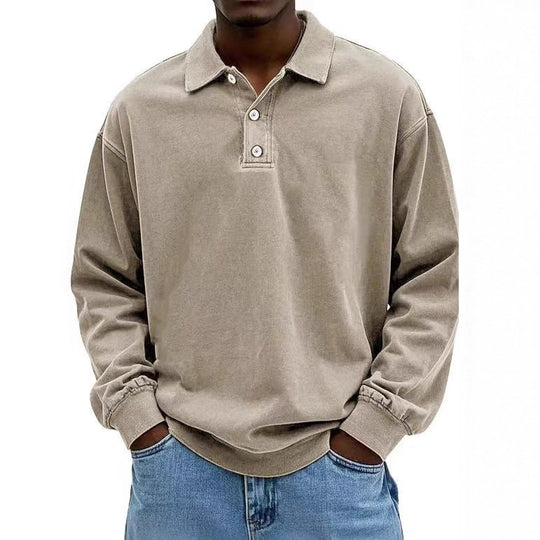 Herren nan lässiges Poloshirt-Sweatshirt mit Kragen, Vintage-Waschung und dreiteiliger Knopfleiste EB