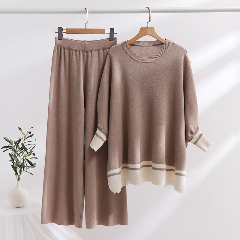 Damen lässiges Strick-Loungewear-Set mit modischem Kontrastsaum und weitem Schnitt EB