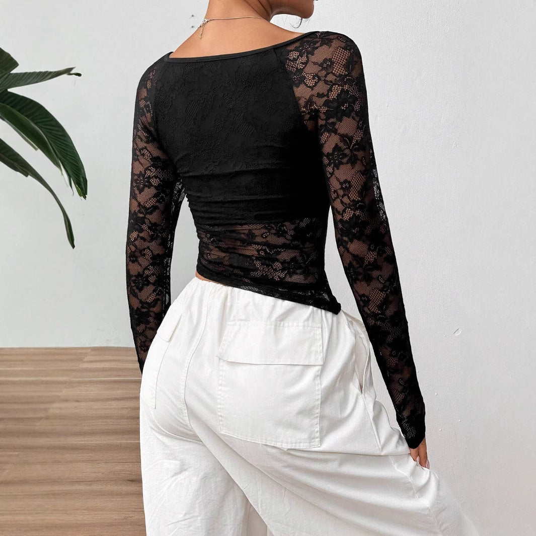 Damen Transparente Spitzenbluse mit langen Ärmeln und elegantem Ausschnitt EB
