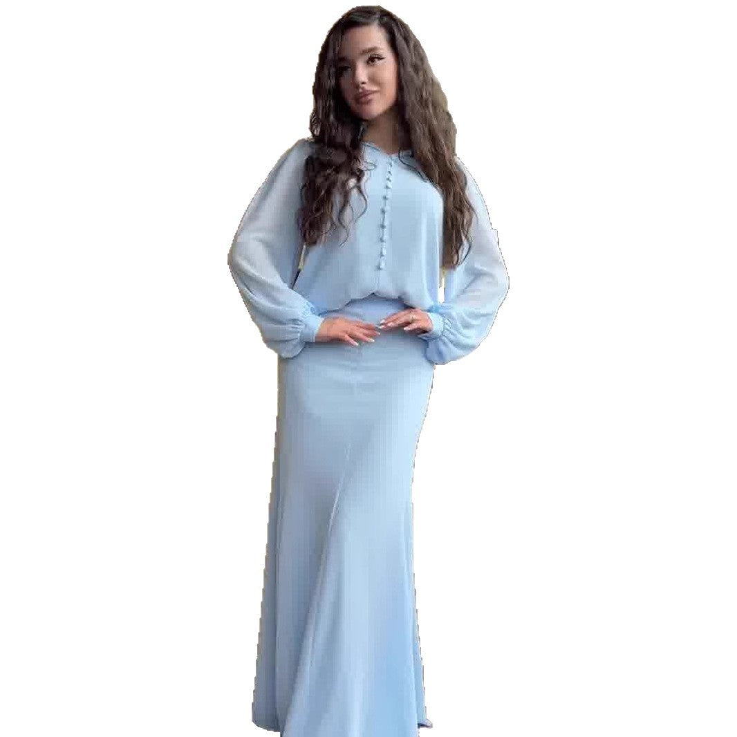 Damen Elegantes Maxi-Kleid mit transparenten Ärmeln und Hochgeschlossenem Design EB