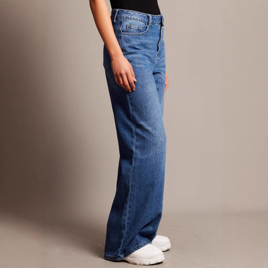 Damen Weit geschnittene High-Waist Jeans mit eleganten Falten EB