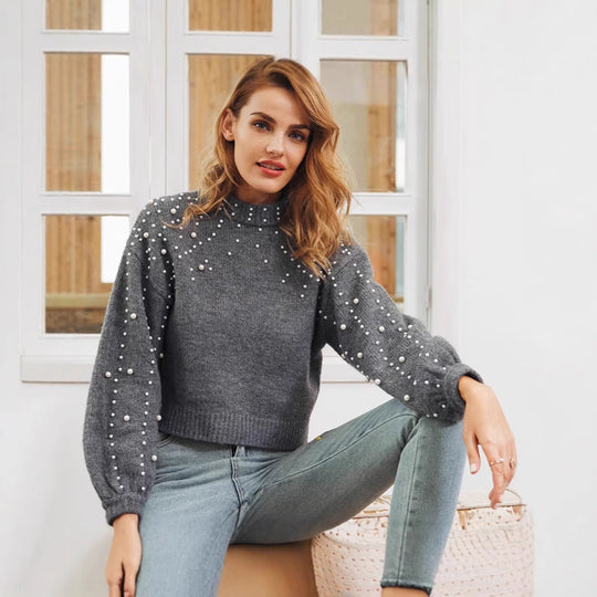 Damen modischer Pullover mit Perlendetails und ballonförmigen Ärmeln EB