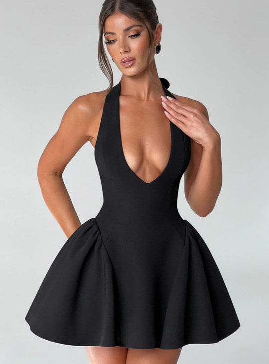 Damen Verspieltes Cocktailkleid mit tiefem V-Ausschnitt und schwingendem Rock EB