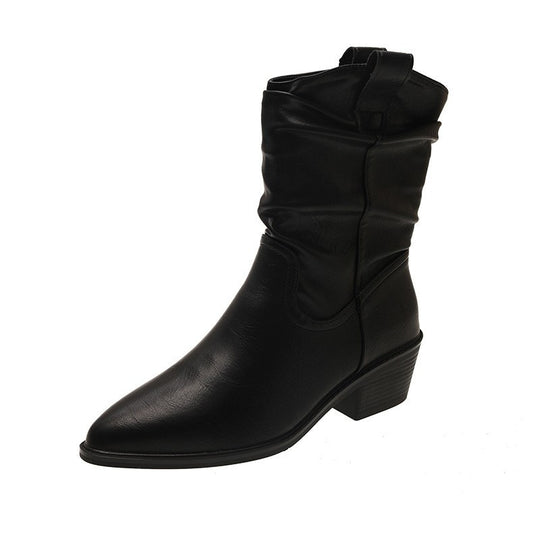 Damen Cowboy-Stiefel mit modischem Falten-Design und komfortablem Blockabsatz EB