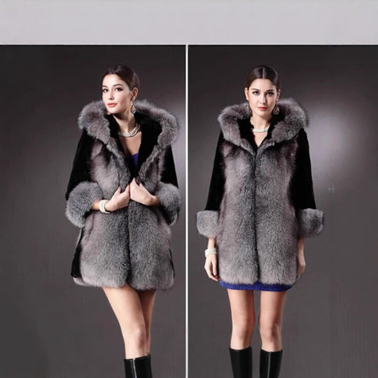 Damen Luxus Kunstpelzjacke mit Kapuze und dekorativen Details EB