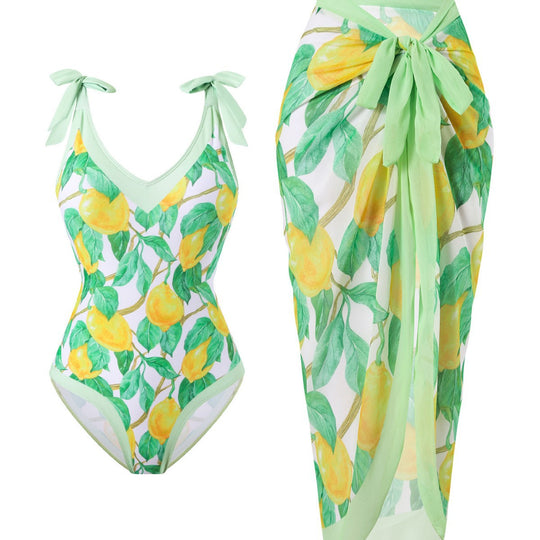 Damen Badeanzug mit floralem Design und transparentem Wickelrock EB
