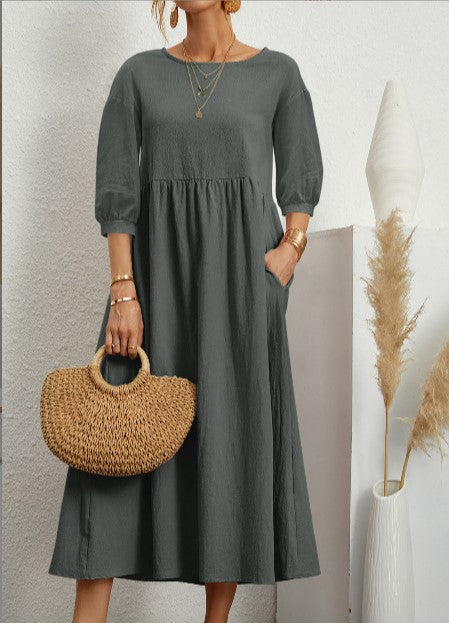 Damen Freizeitmaxikleid mit luftigen Ärmeln und seitlichen Taschen EB