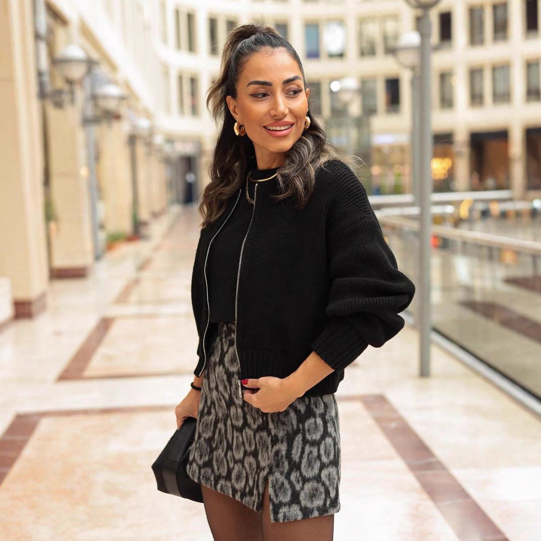 Damen modische Strickjacke mit hohem Kragen und Reißverschluss EB