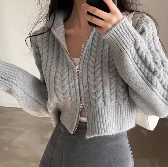 Damen modische Strickjacke mit strukturiertem Zopfmuster und kurzem Schnitt EB