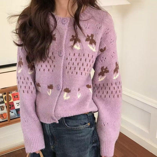 Damen Strickjacke mit verspieltem Tiermotiv und Knopfverschluss EB