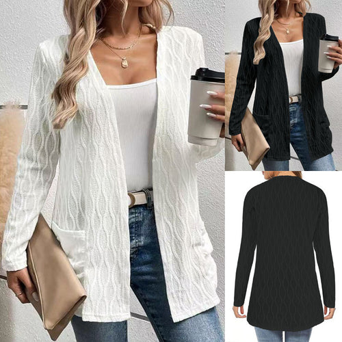 Damen Strickjacke mit modernem Wellenmuster und praktischen Taschen EB