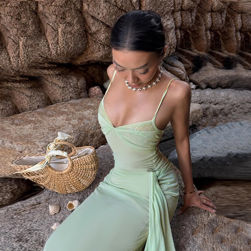 Damen Elegantes bodenlanges Kleid mit raffiniertem Spitzenoberteil und taillierten Details EB
