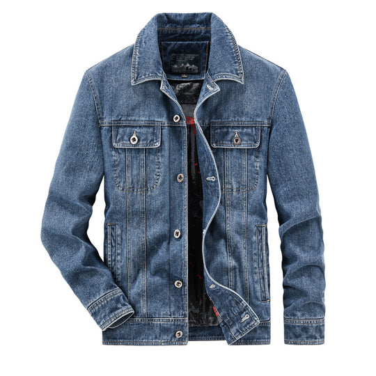 Herren Jeansjacke im Vintage‑Washed Denim mit bedrucktem Innenfutter und Brustklappentaschen EB