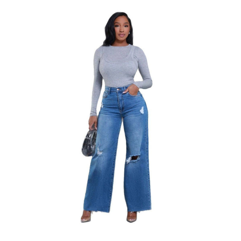 Damen Weit geschnittene Jeans mit stylishen Distressed-Details EB