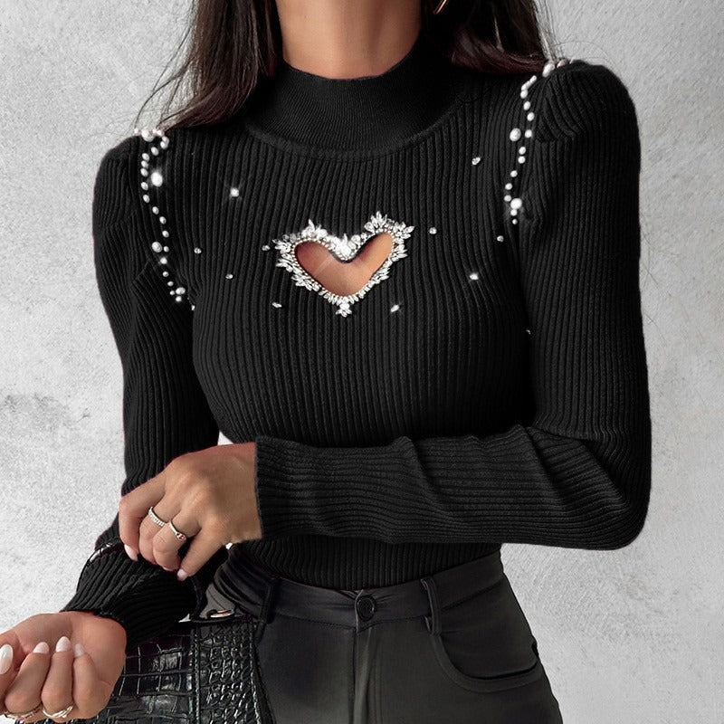 Damen Strickpullover mit glitzernden Herz-Ausschnitt und Dekorelementen EB