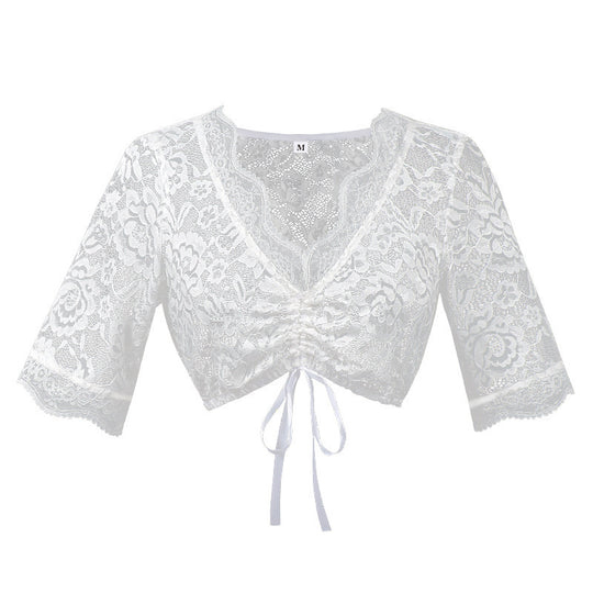 Damen nan Spitzenbolero Bluse mit Stehkragen, 3/4 Ärmeln und Bindeband EB