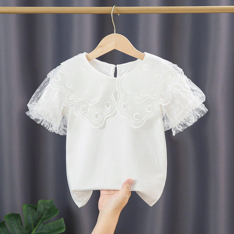 Mädchen Bluse mit transparenten Tüllärmeln und floralem Design EB