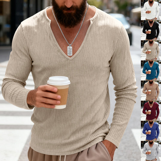 Herren nan geripptes V-Ausschnitt Langarmshirt aus leichter Baumwollmischung EB