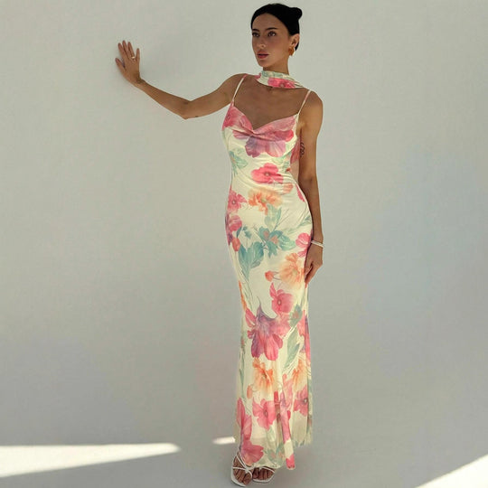 Damen Maxikleid mit raffinierten Spaghettiträgern und floralem Design EB