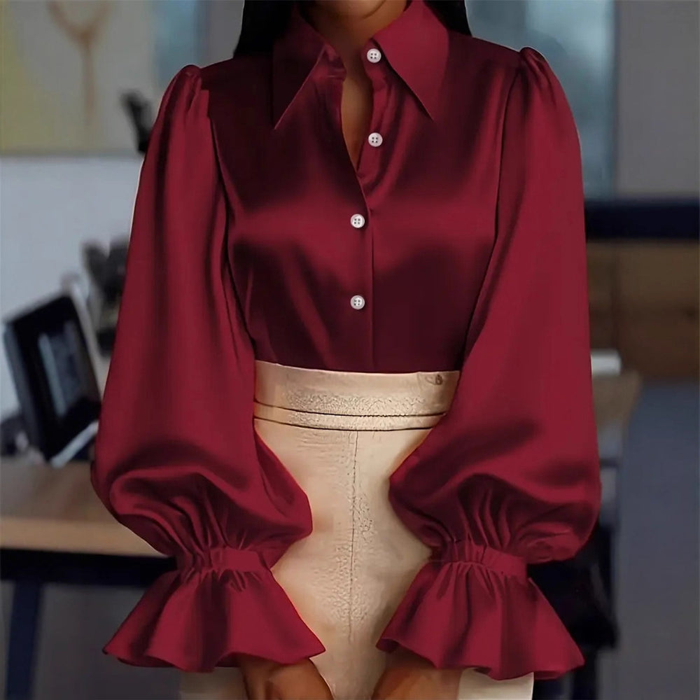 Damen elegante Seidenbluse mit Puffärmeln und schicker Knopfleiste EB