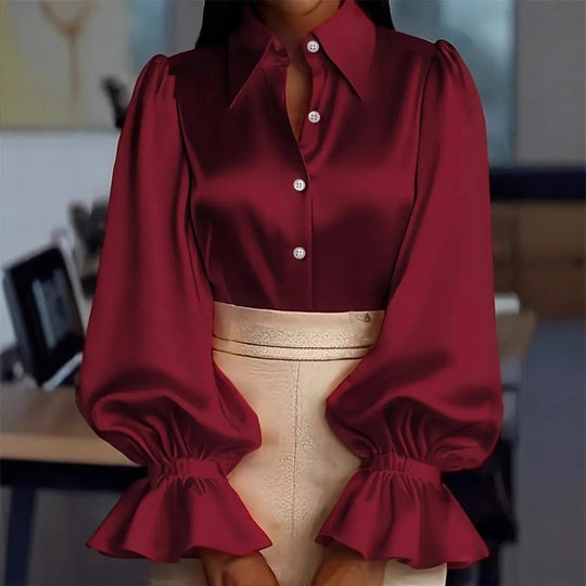 Damen elegante Seidenbluse mit Puffärmeln und schicker Knopfleiste EB