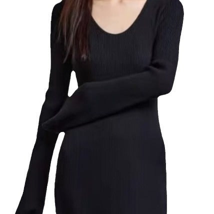 Damen elegantes Maxikleid mit feiner Rippstruktur und V-Ausschnitt EB