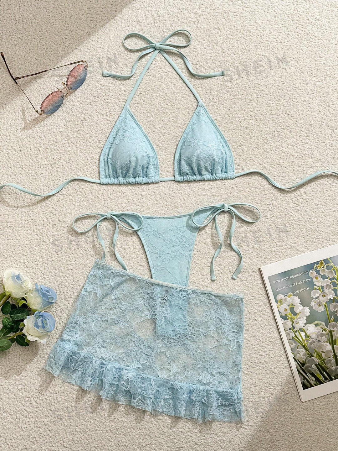 Damen Spitzen-Bikini mit floralem Design und fließendem Rock EB