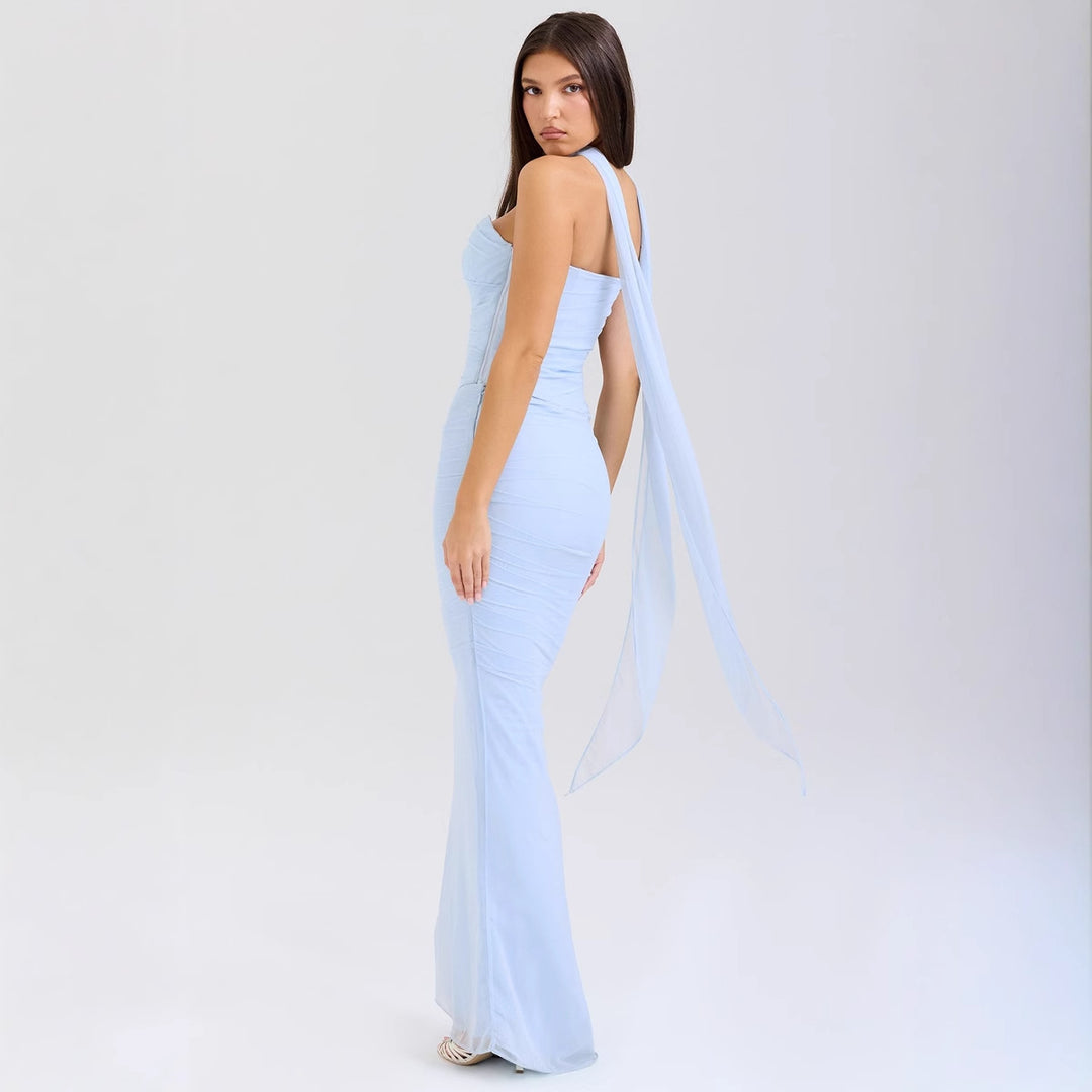 Damen figurbetontes Abendkleid mit schulterfreiem Design und raffinierten Drapierungen EB