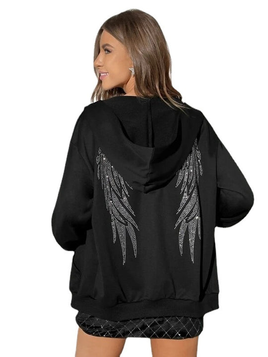Damen nan Oversize Kapuzenpullover mit funkelndem Strass-Engelsflügel-Rücken EB