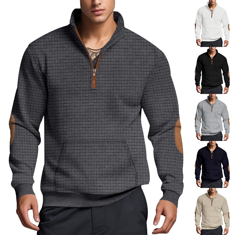 Herren nan gestepptes Halfzip-Sweatshirt mit Stehkragen, Kängurutasche und Kunstleder-Ellenbogenpatches EB