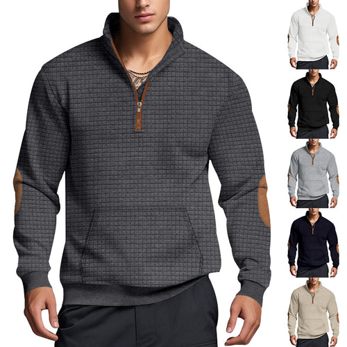 Herren nan gestepptes Halfzip-Sweatshirt mit Stehkragen, Kängurutasche und Kunstleder-Ellenbogenpatches EB