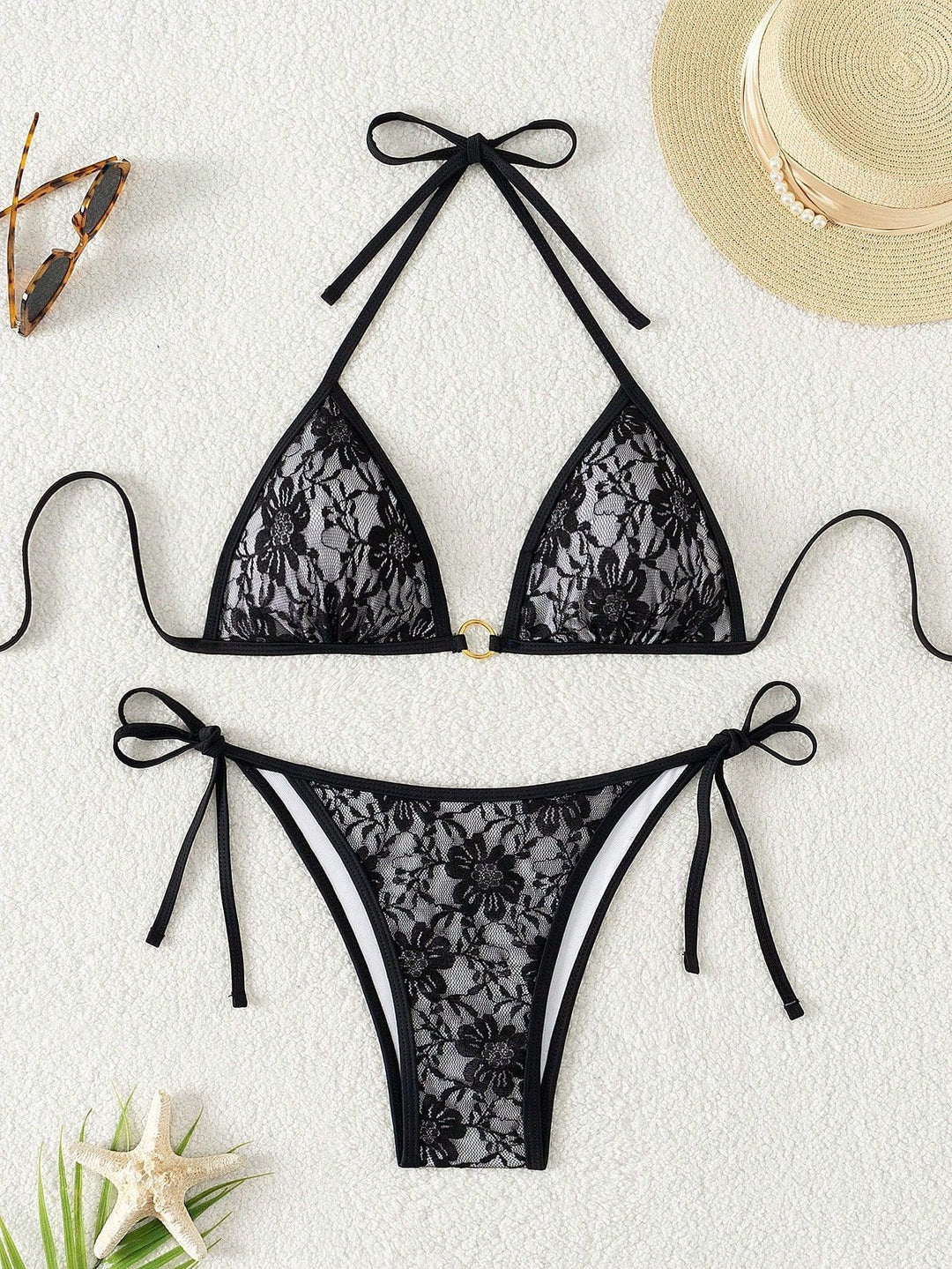 Damen Spitze Triangel-Bikini mit raffinierten Bindebändern EB