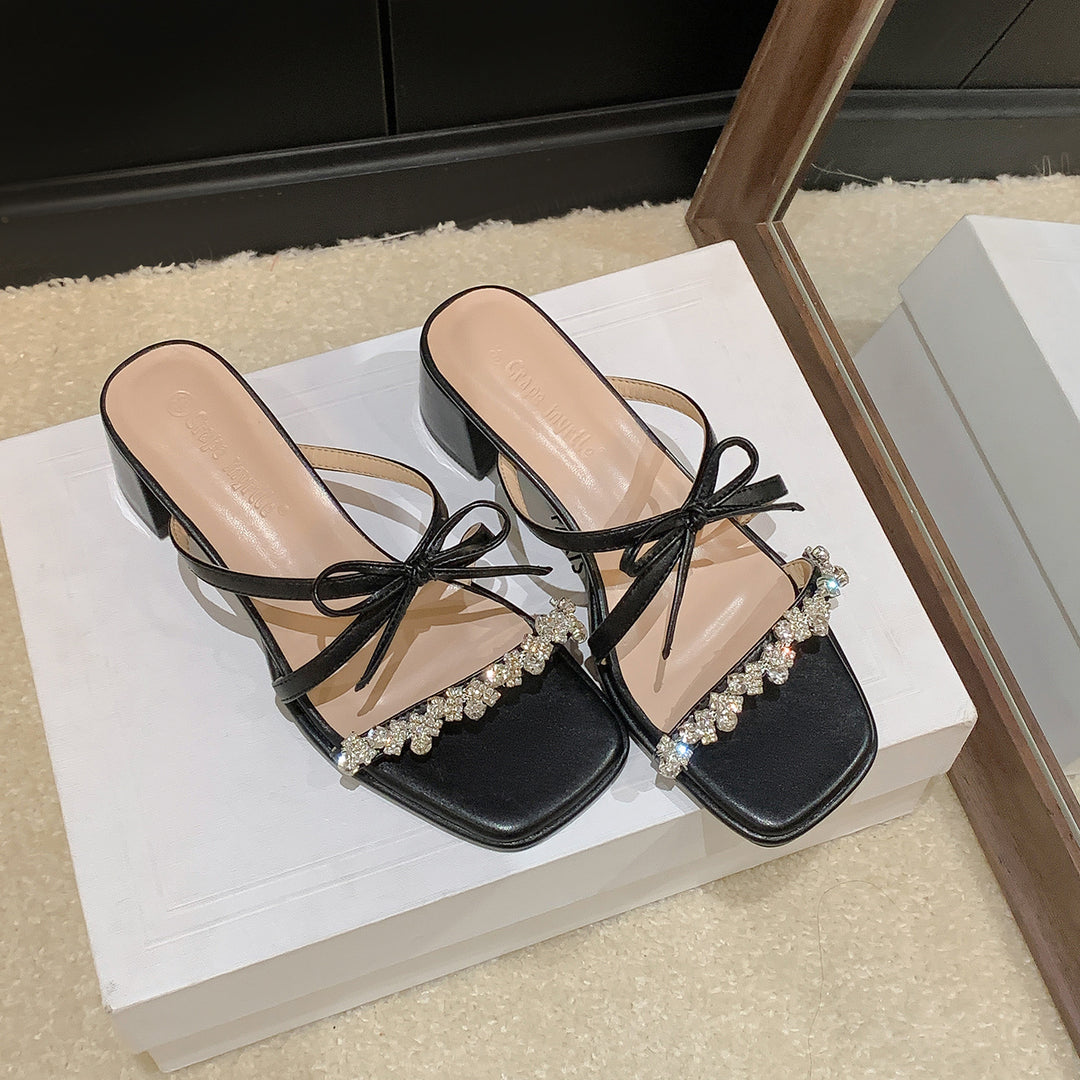 Damen elegante Sandalen mit funkelnder Strass-Applikation und bequemer Blockabsatz EB