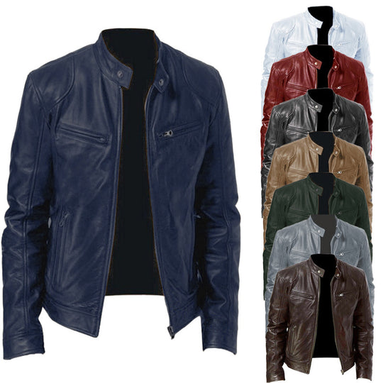 Herren nan schlanke Echtleder-Bikerjacke mit Stehkragen, zwei Brust-Reißverschlusstaschen und geradliniger Silhouette EB