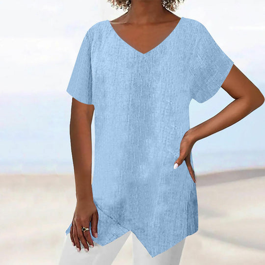 Damen lässige V-Ausschnitt Tunika mit asymmetrischem Saum EB