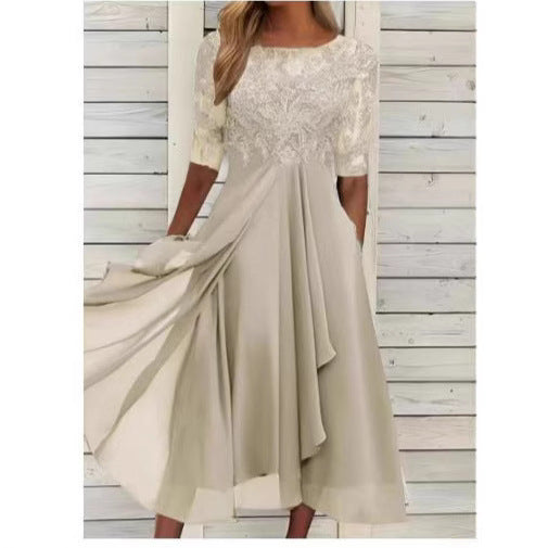 Damen Elegantes Midikleid mit Spitzenärmeln und schwingendem Rock EB