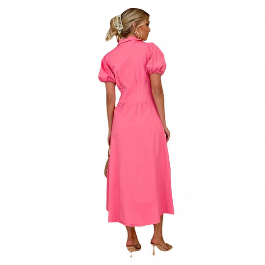 Damen Knielanges Hemdkleid mit Puffärmeln und Knopfverschluss EB