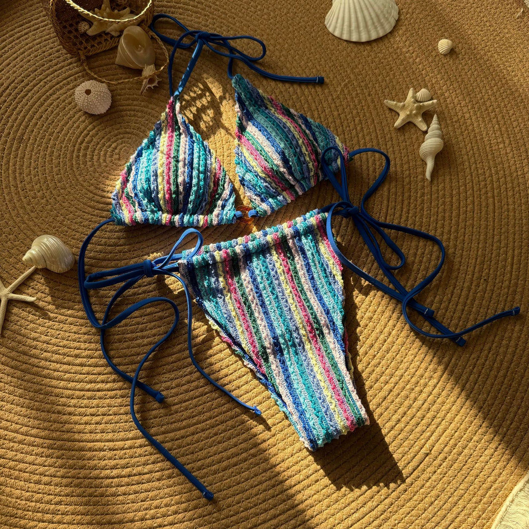Damen Zweiteiliges Strand-Bikini-Set mit buntem Streifenmuster EB