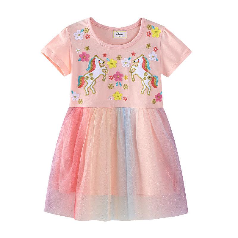 Mädchen Tüllkleid mit Einhorn-Stickerei und bunten Applikationen EB