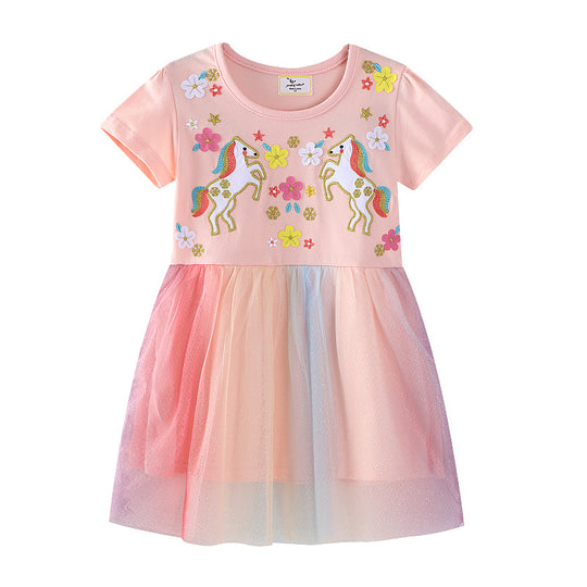 Mädchen Tüllkleid mit Einhorn-Stickerei und bunten Applikationen EB