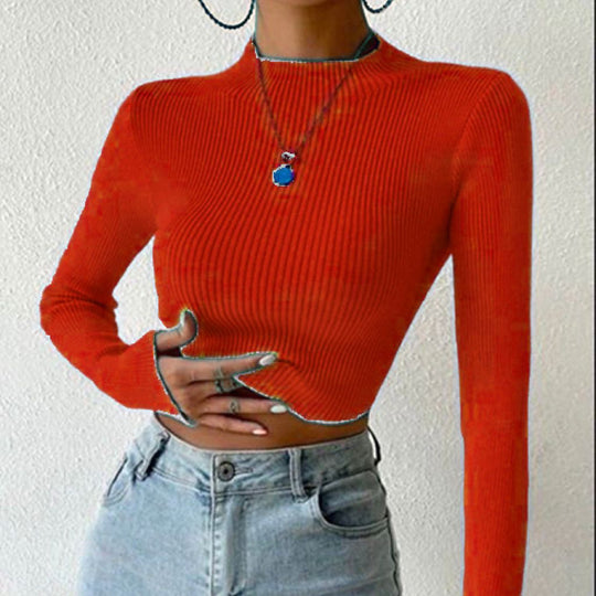 Damen Gerippter Cropped Feinstrickpullover mit Stehkragen EB
