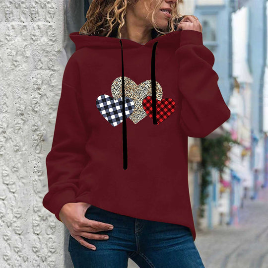 Damen nan lässiger Oversize Kapuzenpullover mit Herz‑und‑Pfotenprint, Kordelzug und gerippten Bündchen EB