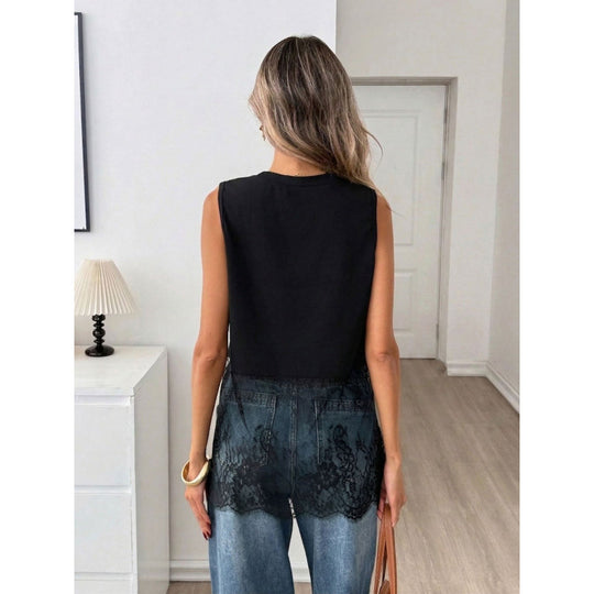 Damen luftiges Oberteil mit elegantem Spitzenvolant EB