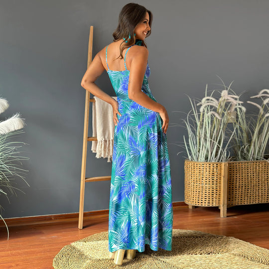 Damen Maxikleid mit tiefem V-Ausschnitt und kreativem Wickeldetail EB
