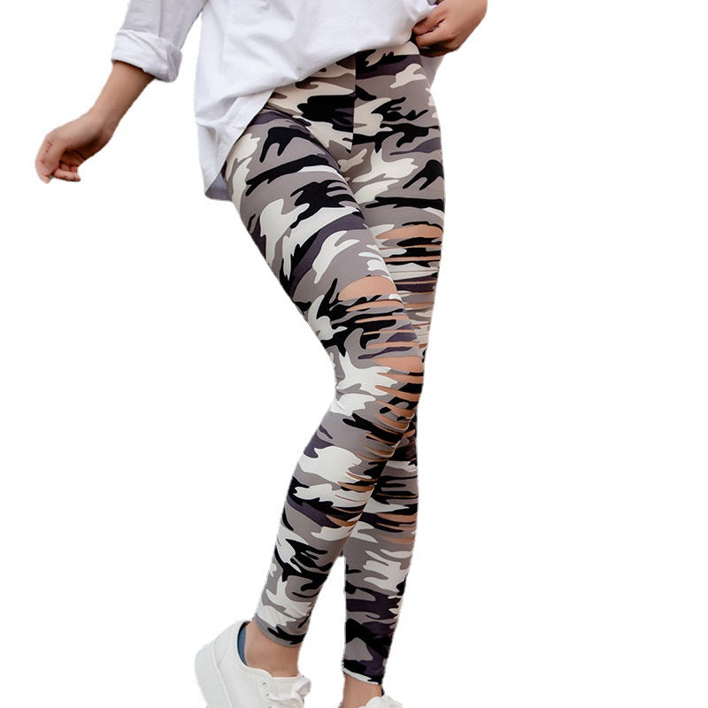 Damen Sport-Leggings mit Camouflage-Muster und Schnitt-Details EB