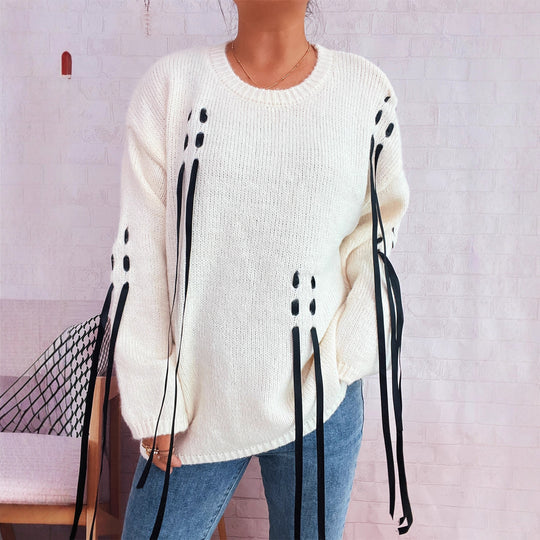 Damen modischer Oversize-Pullover mit einzigartigen Schnürdetails EB