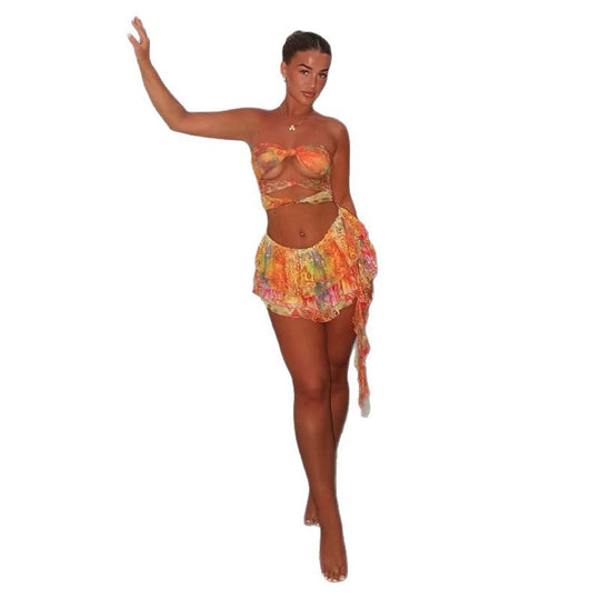 Damen Bandeau-Wickeloberteil mit verspieltem Rock und floralen Prints EB