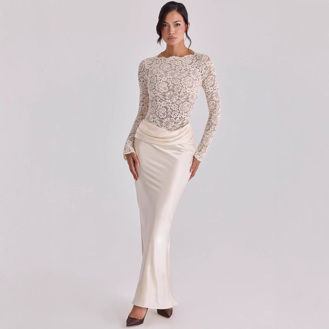 Damen Elegantes Spitzenoberteil mit fließendem Satinkleid EB